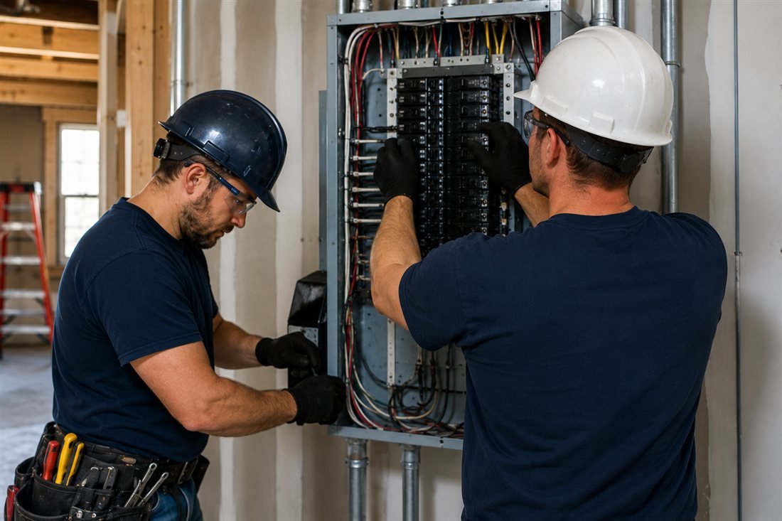 Two licensed electricians wiring a residential electrical breaker panel