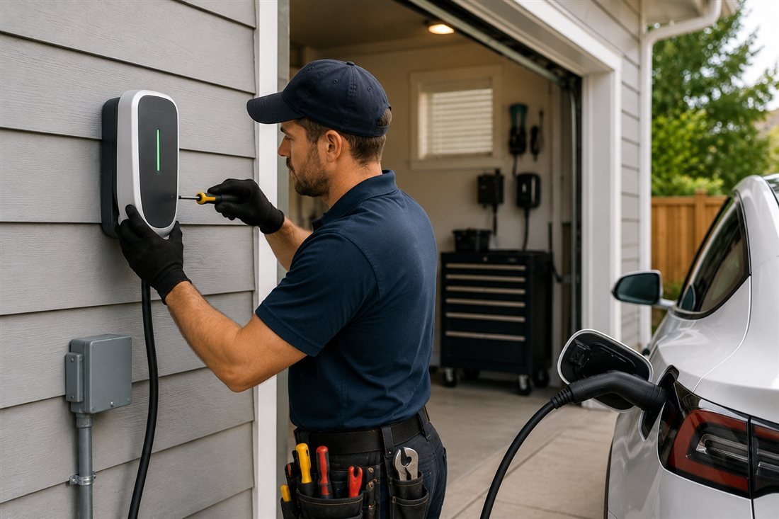 Electrician installing a home EV charger next to an electric car