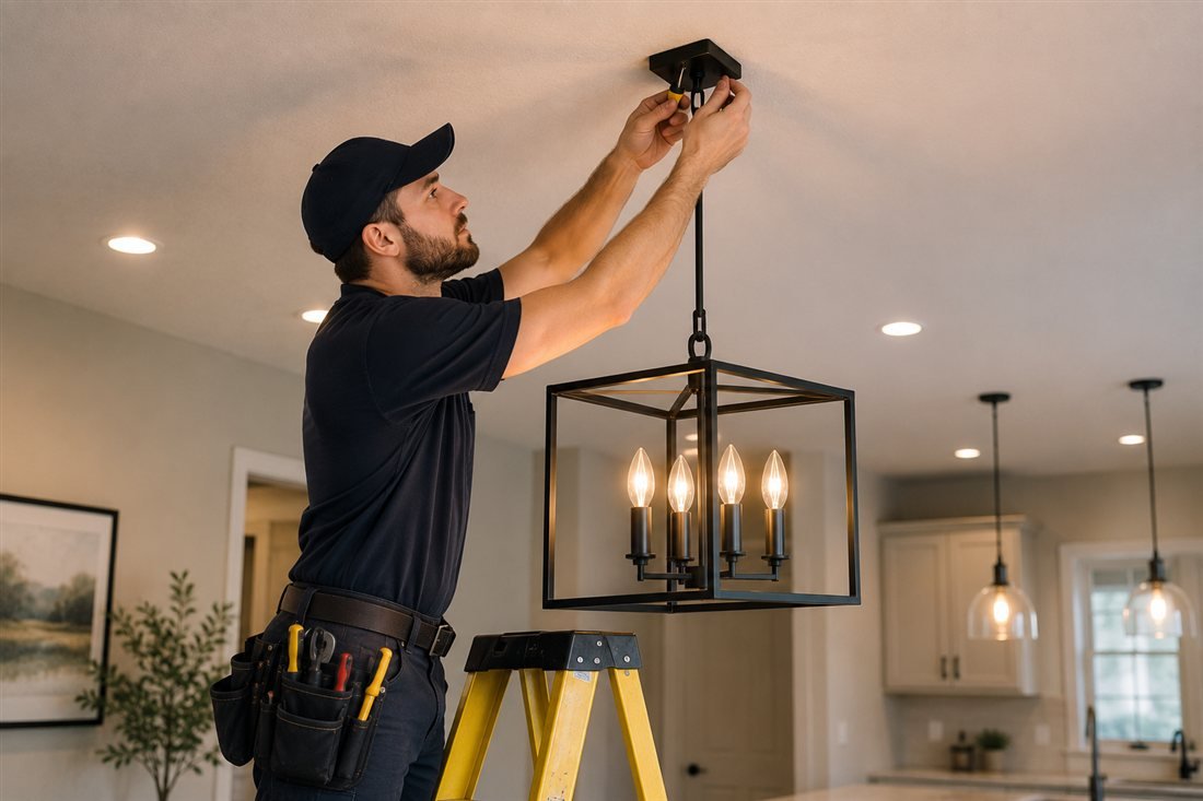 Electrician installing a ceiling light fixture in a modern home