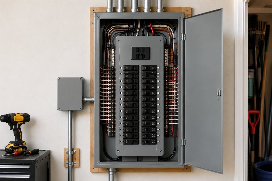 Completed electrical panel upgrade with neatly routed wiring