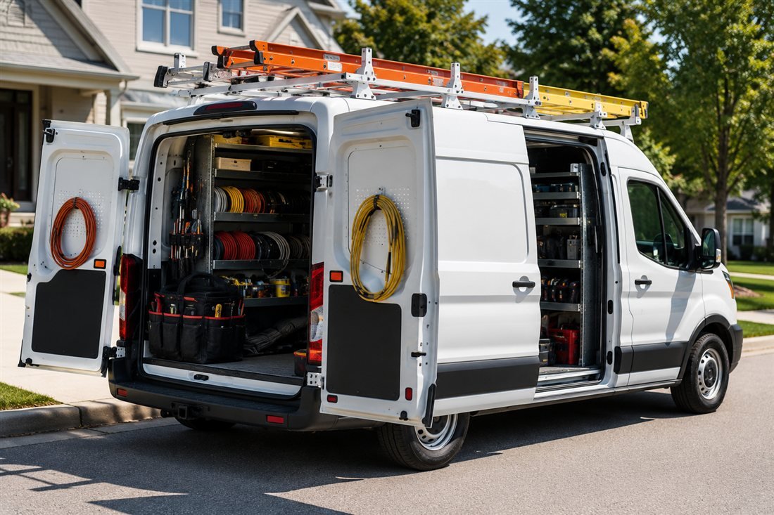 Fully stocked electrician service van with ladders, cable reels and tools