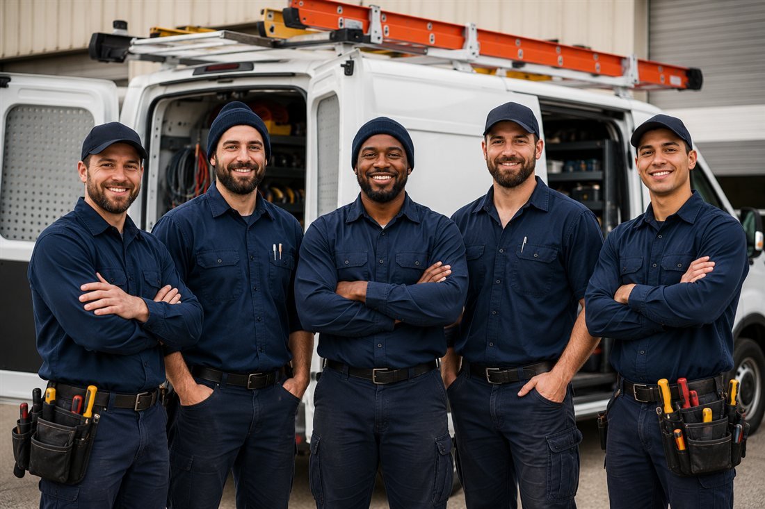 Team of licensed electricians standing in front of a service van